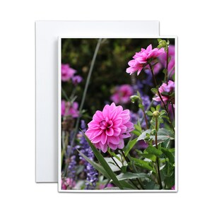 Cartão em branco com flores de dálias rosa brilhantes para chá de bebê, cartão de agradecimento para jardim, boho chique, cottage, anfitriã, presente de madrinha