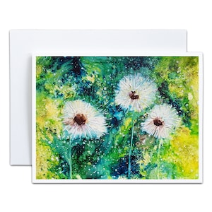 Tarjeta de acuarela azul turquesa y amarillo de 4 x 5 en blanco, estilo bohemio, para verano, con diseño de diente de león, regalo creativo para ella, tarjeta de aliento para adolescentes