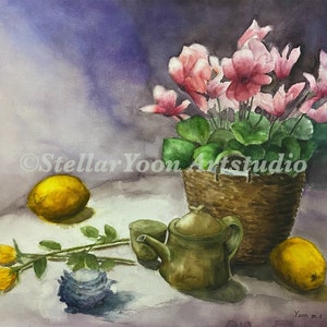 Pintura de flores, arte de pared con jarrón, membrillo, pintura de frutas en acuarela de moda, impresiones de arte coreano famosas, carteles de moda de la naturaleza, decoración de cocina única