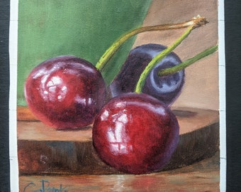 Pintura al óleo de naturaleza muerta de Cherry Bowl, enmarcada y mate