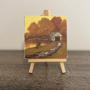 Bridge to Autumn – Original 4x4 Mini Oil Painting with Easel, Bob Ross Inspired Fall Landscape