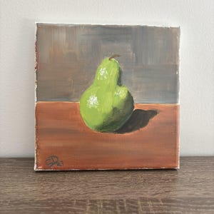 Pear Still Life – Original Oil Painting on 8x8 Canvas, Minimalist Country Kitchen Art