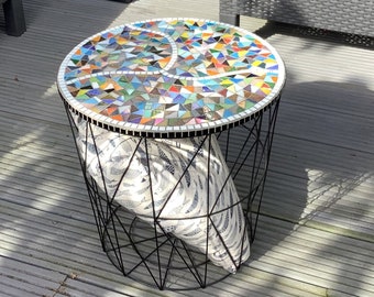 Rainbow mosaic table  with basket for storage