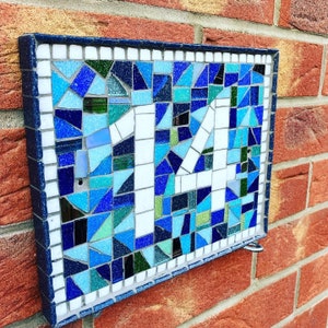 Custom mosaic door number plaques. Choose your favourite background.