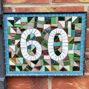 Custom mosaic door number plaques with all colours of the rainbow Sky blue