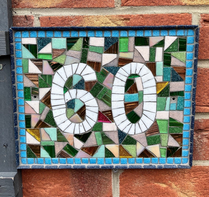 Custom mosaic door number plaques with all colours of the rainbow Sky blue
