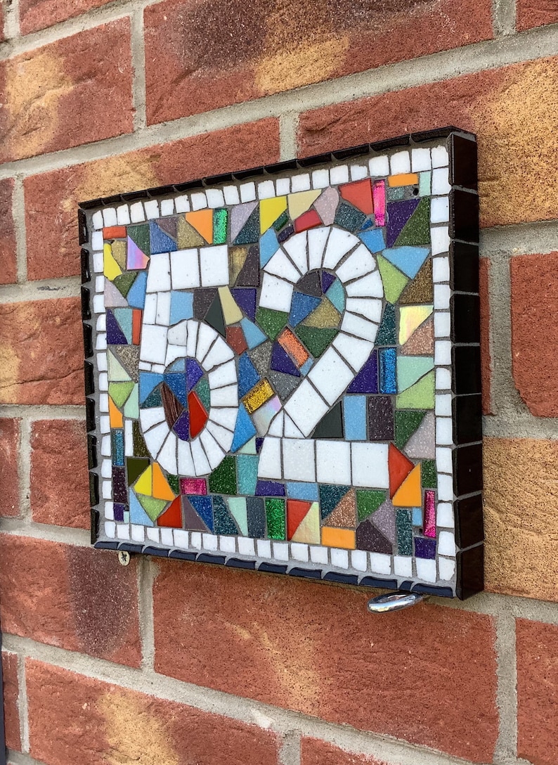 Custom mosaic door number plaques with all colours of the rainbow white
