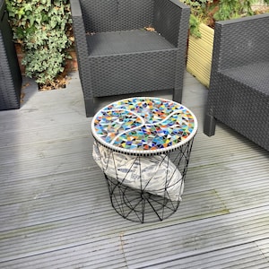 Rainbow Confetti Mosaic Side Table with Storage Basket, Handmade 40cm