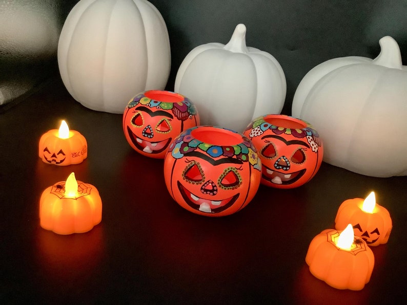 Handpainted Frida Kahlo Pumpkin Tealight Holder Unique Halloween Decor