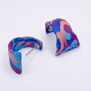 Handmade Hoop Clay Earrings Colourful and Bold Vintage Stud earrings - Polymer clay Statement earrings  - Whimsical Boho Blue Magenta Pink