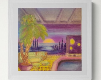 Balcón Bermellón, pintura al óleo: paisaje marino inspirado en Ballard, 20 x 20 cm