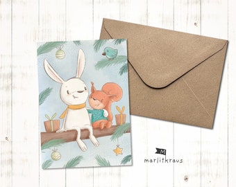 Sweet Christmas card "Rabbit & Squirrel" folding card A6 including envelope