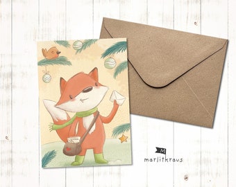 Sweet Christmas card "Fox with Christmas mail" folding card A6 including envelope