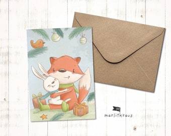Sweet Christmas card "Hare and Fox" folding card A6 including envelope