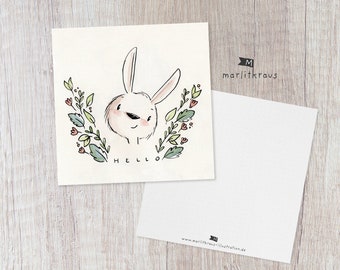 Cute postcard "Watercolor Bunny Hello" illustration postcard print