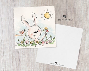 Cute Postcard "Watercolor Bunny Flowers" Illustration Postcard Print