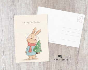 Cute postcard "CHRISTMAS BUNNY" illustration postcard print