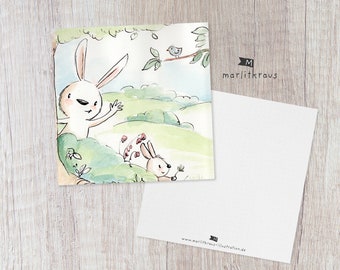 Cute Postcard "Watercolor Bunny Waving" Illustration Postcard Print