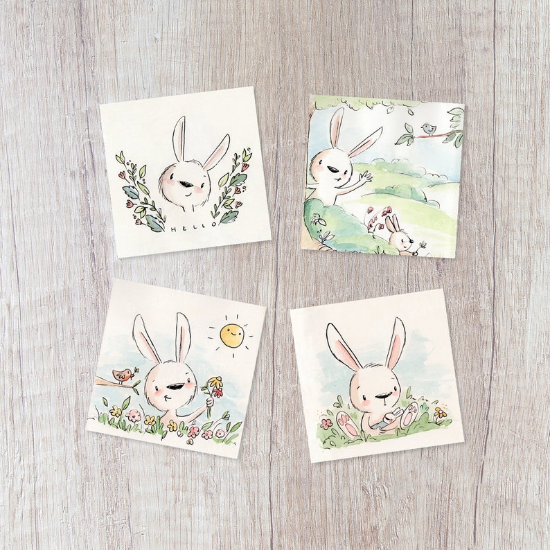 Set of 4 postcards Watercolor Rabbit Illustration Print image 1