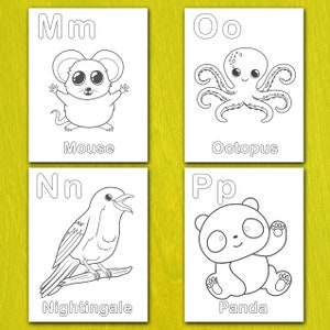 May include: Four white cards with black line drawings of animals and letters. The cards show a mouse, octopus, nightingale, and panda. Each card has the animal's name written below the image.