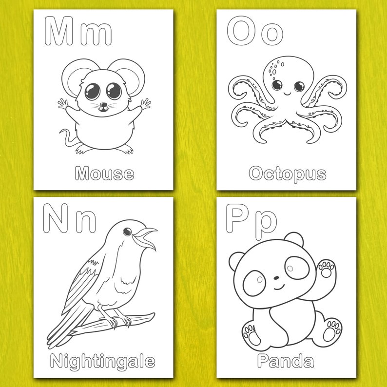 May include: Four white cards with black line drawings of animals and letters. The cards show a mouse, octopus, nightingale, and panda. Each card has the animal's name written below the image.