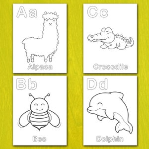 May include: Four white flashcards with black line drawings of an alpaca, crocodile, bee, and dolphin. Each card has a capital letter and the animal's name: Alpaca, Crocodile, Bee, and Dolphin. The background is a light yellow-green.