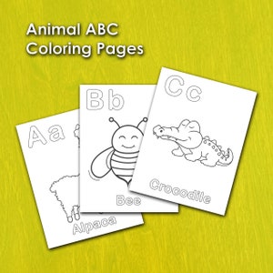 May include: Three white coloring pages with animal illustrations and letters A, B, and C. The pages feature an alpaca, a bee, and a crocodile. The text "Animal ABC Coloring Pages" is at the top.