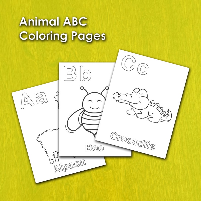 May include: Three white coloring pages with animal illustrations and letters A, B, and C. The pages feature an alpaca, a bee, and a crocodile. The text "Animal ABC Coloring Pages" is at the top.