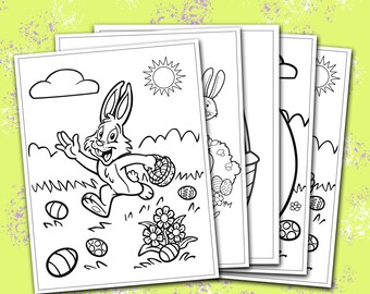 KIDS COLORING PAGES, Easter Coloring Pages, Digital Easter Eggs, Bunnies, Chicks, Baskets, Another Animals - 35 Coloring Pages