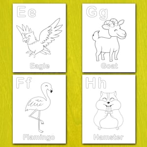 May include: Four white cards with black line drawings of animals and letters. The cards show an eagle, a goat, a flamingo, and a hamster. The letters are E, G, F, and H, with the animal names below.