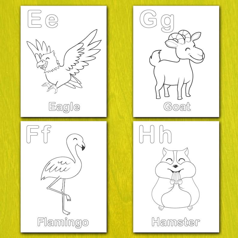 May include: Four white cards with black line drawings of animals and letters. The cards show an eagle, a goat, a flamingo, and a hamster. The letters are E, G, F, and H, with the animal names below.