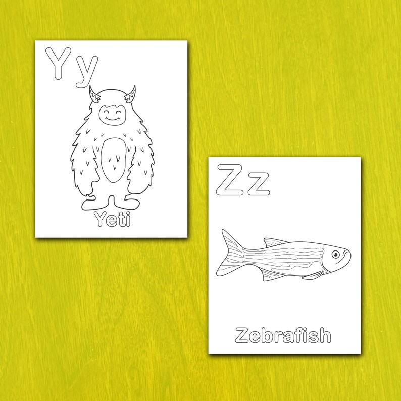 May include: Two white cards with black line drawings and text. One card features a Yeti with the letter "Yy" above and the word "Yeti" below. The other card shows a Zebrafish with the letter "Zz" above and the word "Zebrafish" below.