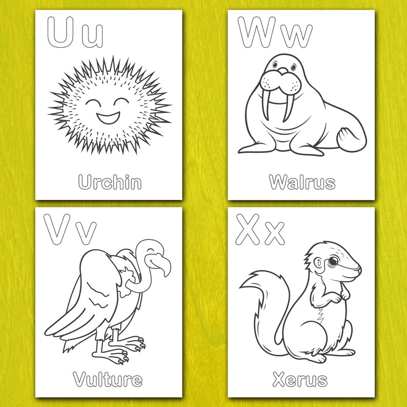 May include: Four flashcards with black and white illustrations of animals and the letters of the alphabet. The cards feature an urchin, walrus, vulture, and xerus. Each card has the letter and the animal's name printed below the illustration.