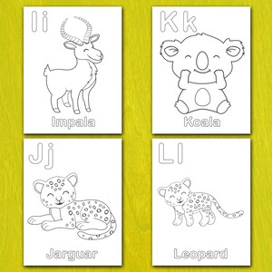 May include: Four white cards with black line drawings of animals and letters. The cards show an impala, a koala, a jaguar, and a leopard. Each card has the animal's name printed below the image. The background is a light yellow-green color.