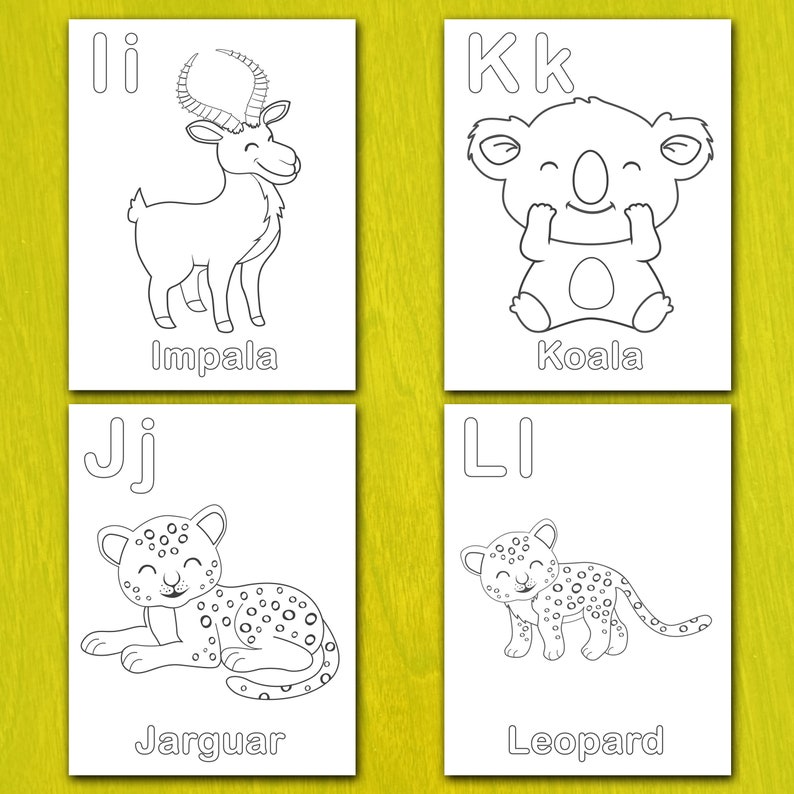 May include: Four white cards with black line drawings of animals and letters. The cards show an impala, a koala, a jaguar, and a leopard. Each card has the animal's name printed below the image. The background is a light yellow-green color.