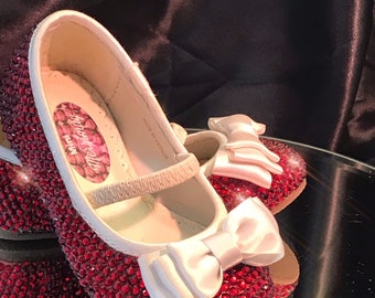 DOROTHYS SLIPPERS | Infant Crystal Flats | Mini Merrimay Shoes | Unique Keepsake Shoes | Sparkling Iconic Ruby Red Crystal Satin Bow Flats
