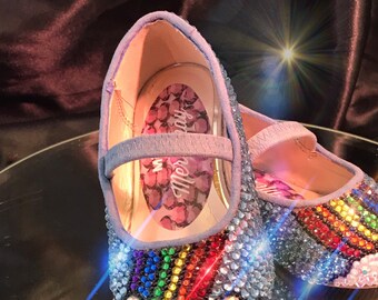 Up in the Clouds - Custom made crystal rainbow in the sky, cute childrens shoes, flat pumps, quirky style, birthday gift, magical