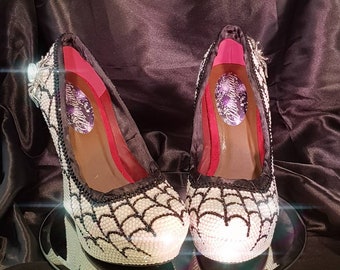 SPIDER MUM SHOES | Hand Painted Wedges | Spider Web Wedges | Crystal Spider Shoes | White Gothic Crystal Aurora Borealis Handcrafted Shoes