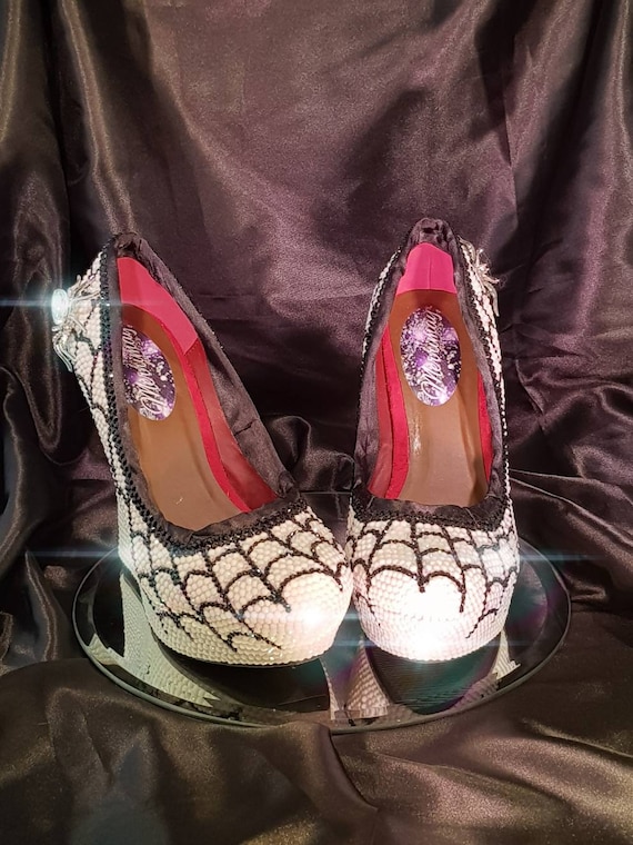 SPIDER MUM SHOES | Hand Painted Wedges | Spider Web Wedges | Crystal Spider Shoes | White Gothic Crystal Aurora Borealis Handcrafted Shoes
