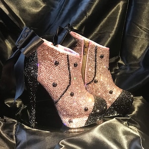FAUX SUEDE SLIPPERS | Ribbon Tie Sandals | Pink Wedding Flats | Custom Bridal Boots With Faceted Crystals - Unique Bride High Heels