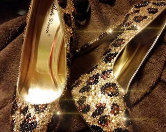 LEOPARD PATTERN HEELS | Sexy High Heels | Drag Queen Heels | Leopard Footwear | Sparkling Crystal Leopard Prom Comfortable Heels