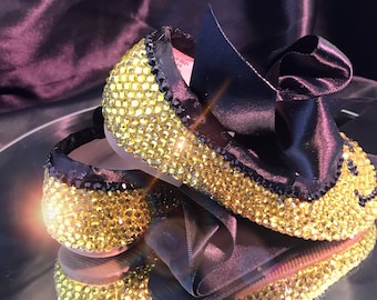 KIDS' CRYSTAL SHOES | Cheeky Monkey Crystal Emoji Flat Pumps | Custom Made Children's Shoes with Satin Ribbon | Unique Birthday Gift