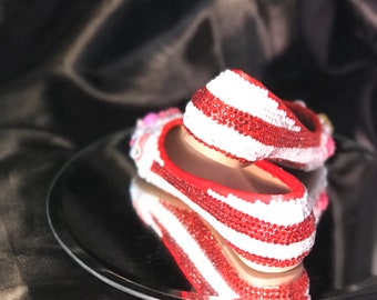 Tuck Shop - Custom made crystal candy cane and sweet treats flat pumps, flat shoes. Childrens shoes, birthday gift, special occasion