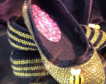 Bee happy - honey bee character flats. Childrens shoes. Ballet pumps, custom made crystal shoes, costume, birthday, christening, flower girl