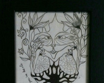 May include: Black and white line drawing of a stylized face with large eyes and a tree-like body. The text "Through Garden you must be able" is written on the bottom right corner of the image.