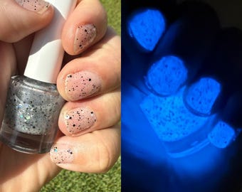 Ash & Bones Glow in the Dark Glitter Nail Topper | Blue Glow Nail Polish | Halloween Nail Polish | Gothic and Witchy Indie Nail Polish