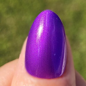 May include: A single fingernail painted with a deep purple nail polish with a shimmery finish.