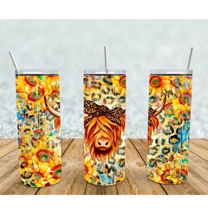 Sunflower Cow  20oz Skinny Tumbler, Sunflower Tumbler, Sunflower and Teal Tumbler, Sunflower Leopard Tumbler, Personalized Tumbler