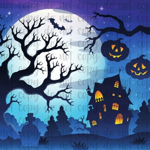 Haunted House Tumbler Wrap | Blue Moon Halloween Design | Digital Download PNG | Spooky Night Sublimation Background