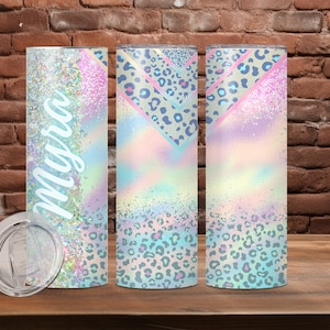 Pastel glitter cheetah print 20oz skinny tumbler, V-shape pastel cheetah glitter design personalized tumbler